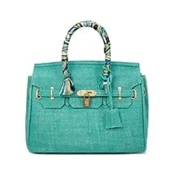 NWOT! Woven Jute Tote Handbag Purse with Scarf Handle and Lockable Front Straps - Picture 2 of 14